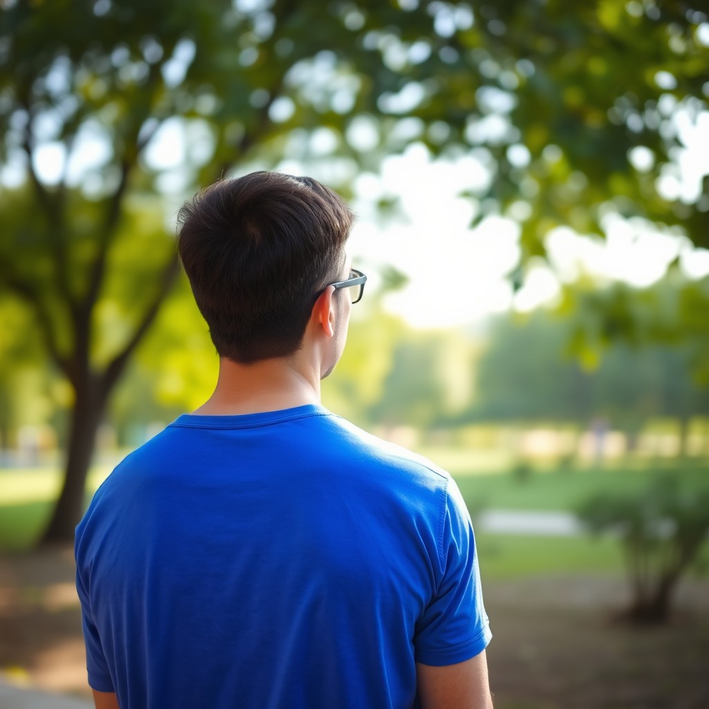 A man viewed from behind, wearing a vibrant blue t-shirt, standing in a scenic outdoor setting