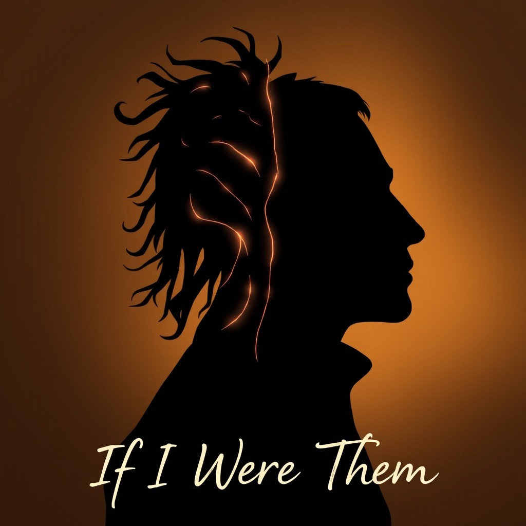 A stylized silhouette of a human figure split down the middle, one side depicting ancient characteristics and the other side showcasing modern features