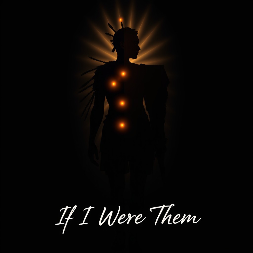 A stylized silhouette of a human figure split down the middle, with one side representing ancient traits, such as tribal or historic clothing and features, and the other side showcasing modern characteristics, like contemporary attire and a sleek posture