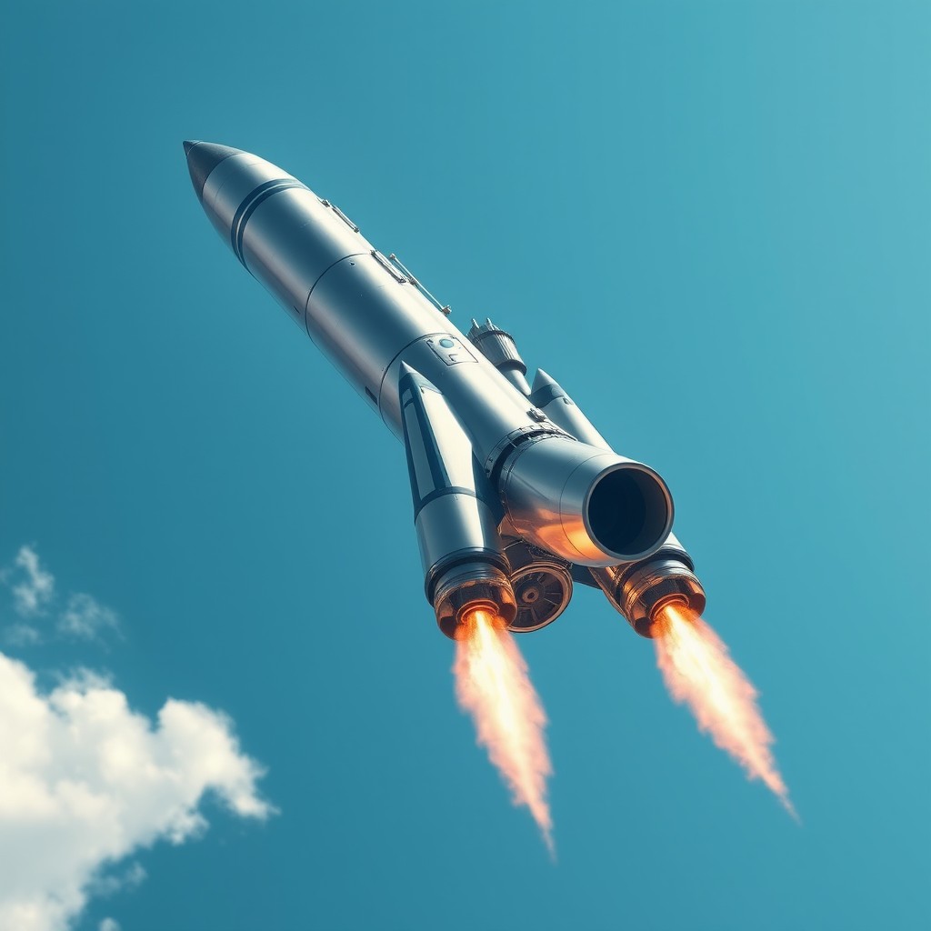 A powerful rocket ship with four engines and a sleek design, soaring through the sky