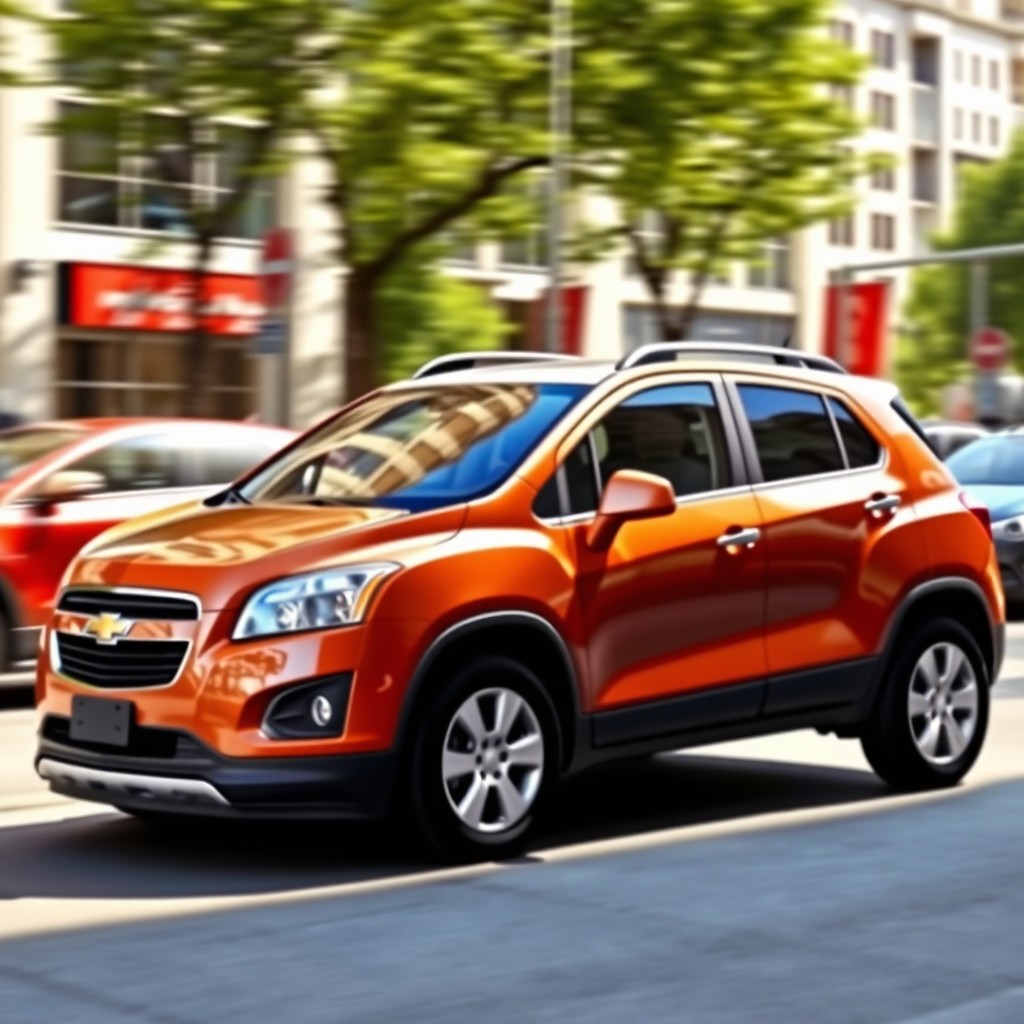 A 2015 Chevrolet Trax with a striking white roof, parked in an urban environment