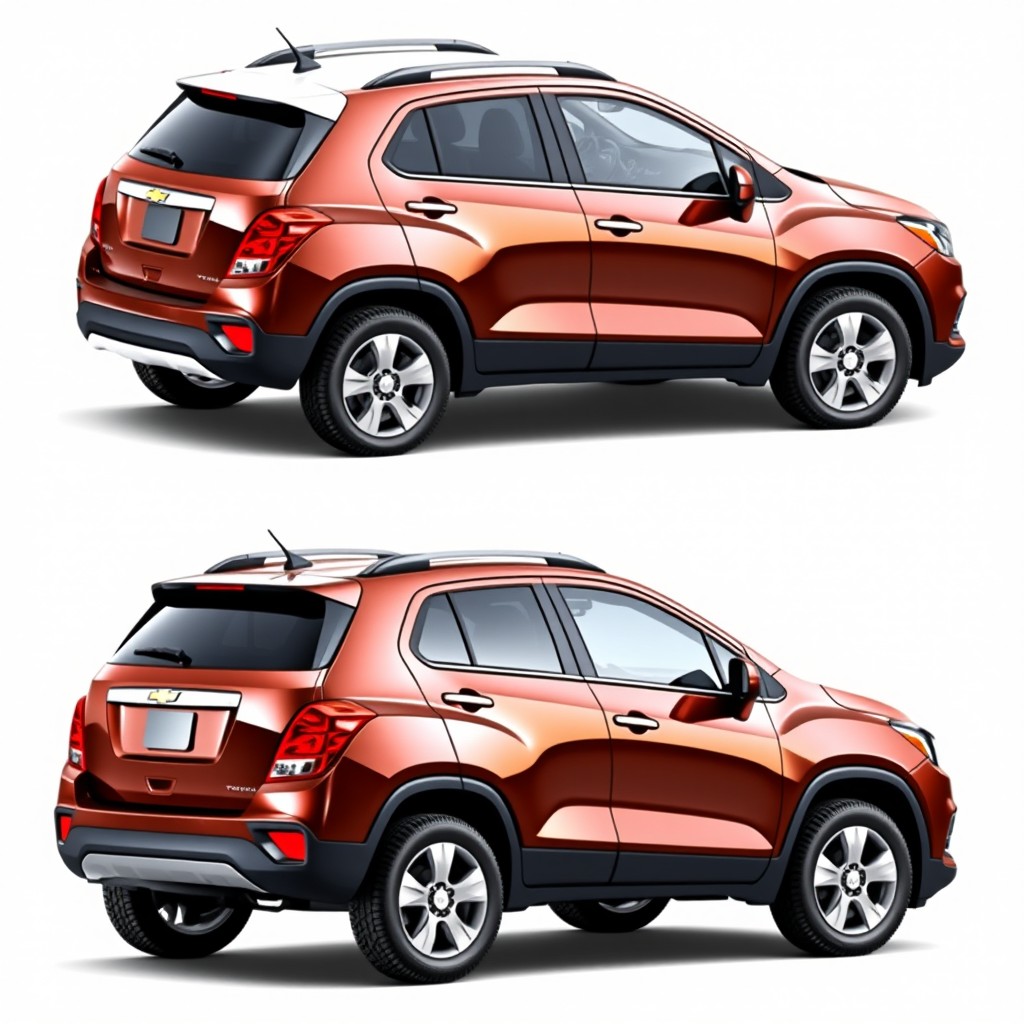 A detailed and clear depiction of a 2018 Chevrolet Trax from multiple angles: front view, rear view, and side view