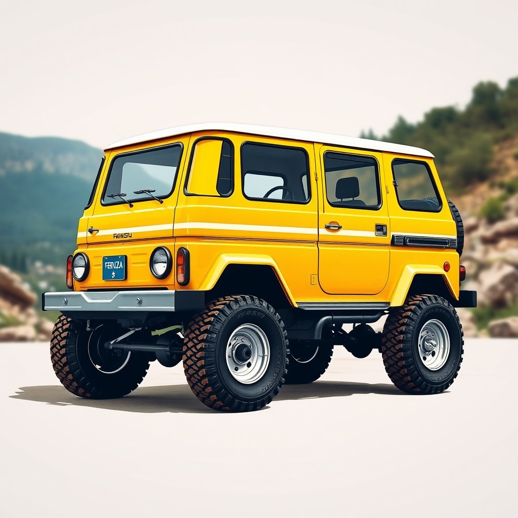 A classic off-road vehicle styled as a Daihatsu Feroza, featuring a vibrant yellow body with a contrasting white roof