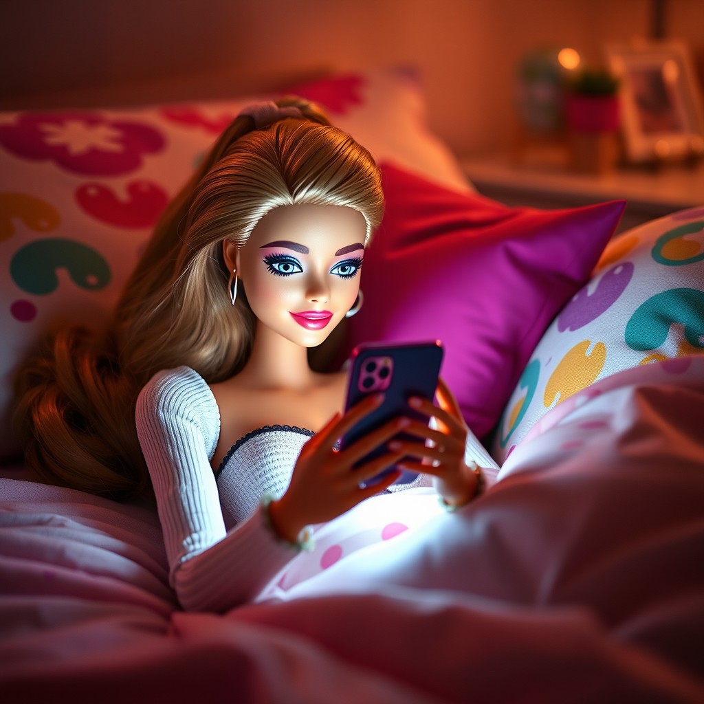 A stylish and glamorous Barbie doll lying on a bed, holding her smartphone close to her face