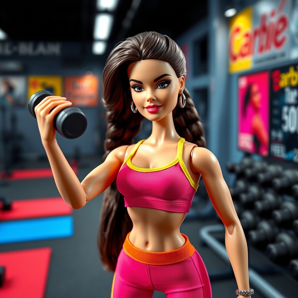 A fit and determined Barbie doll in a gym setting, lifting a dumbbell with a focused expression on her face, showing effort as her brows furrow in concentration