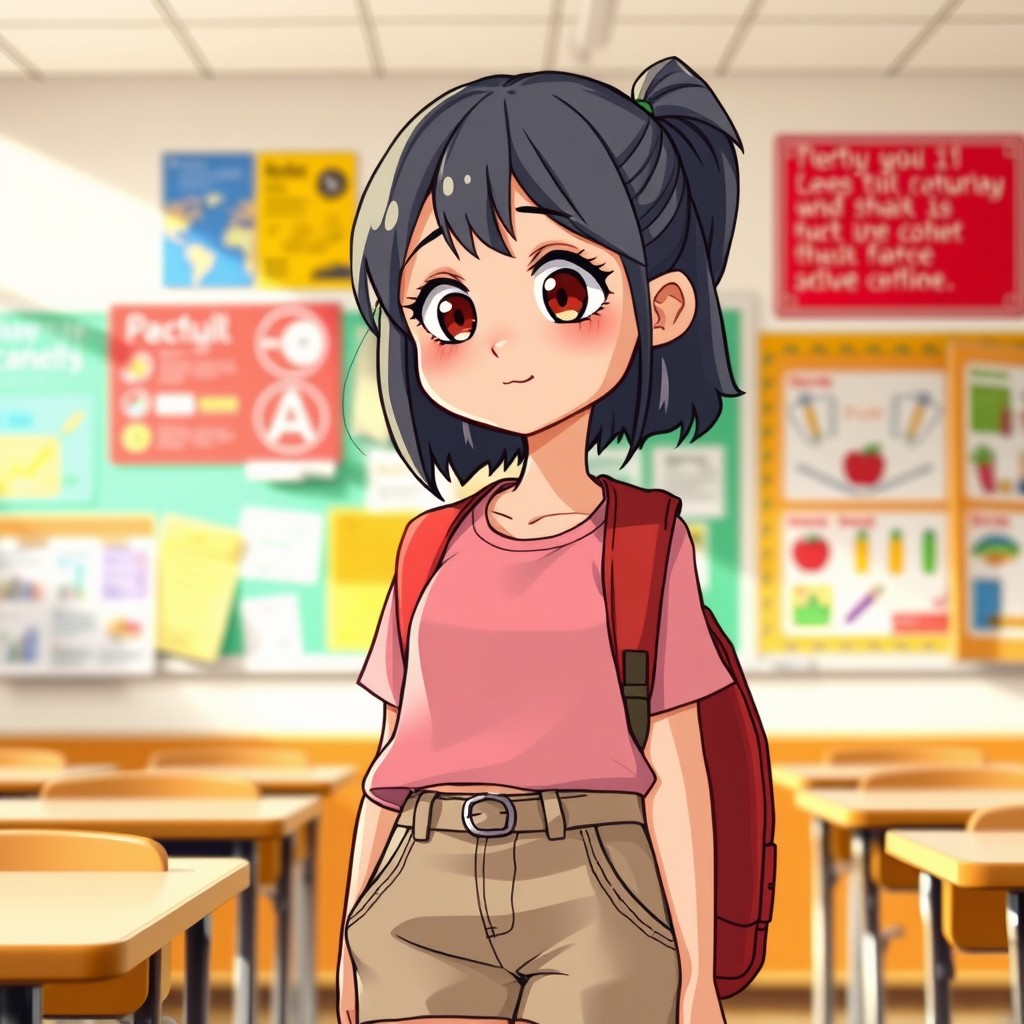 A girl standing at a school, depicted in a unique style where she is half chubby and half very skinny