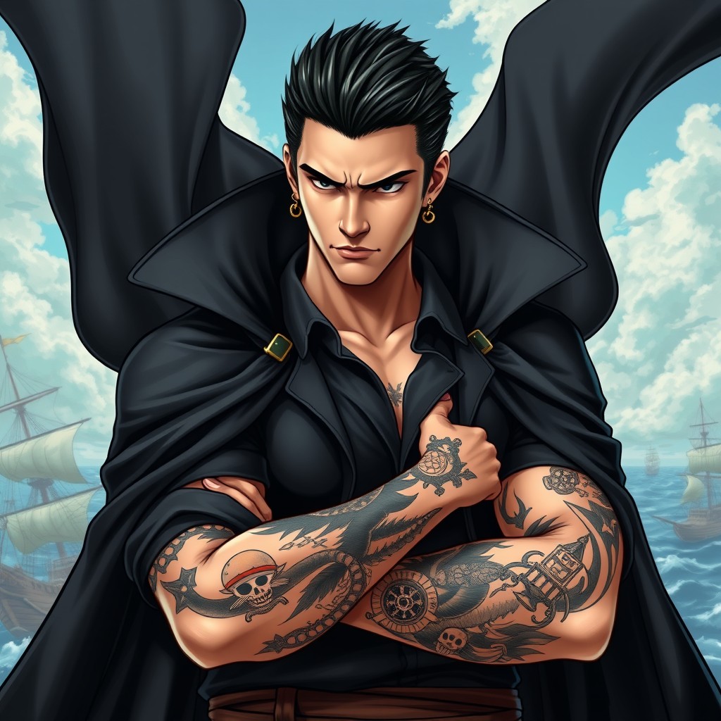 A man in his mid-20s with slicked back black hair and a serious expression, adorned with earrings