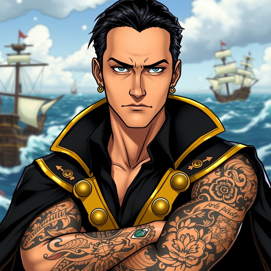 A man in his mid-20s with slicked back black hair and a serious expression, featuring stylish earrings