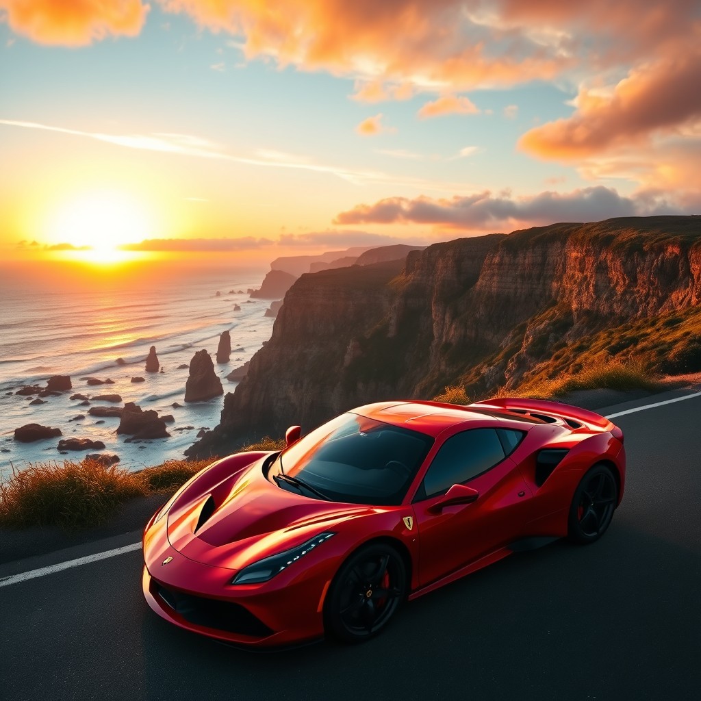 A sleek sports car in a vibrant red color parked on a coastal road, with dramatic cliffs and an expansive ocean in the background