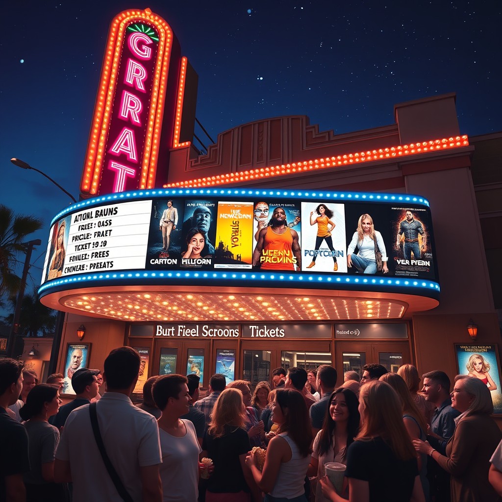 A vibrant movie theater marquee displaying an array of colorful movie posters including action, drama, and comedy films