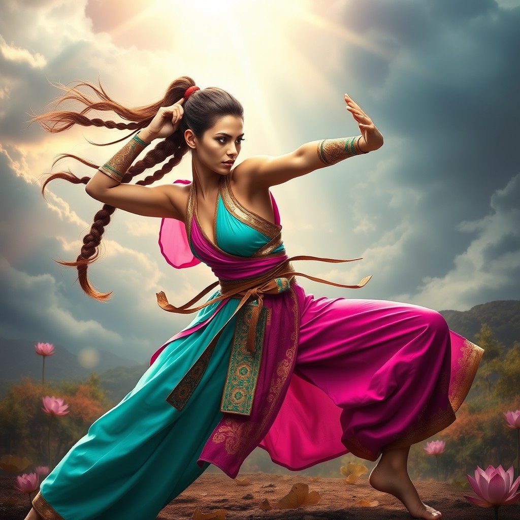 A fierce battle princess inspired by yoga, showcasing a powerful yet graceful pose that blends martial arts with yoga techniques
