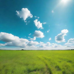 A lush, vibrant green field, extending to the horizon under a clear blue sky.