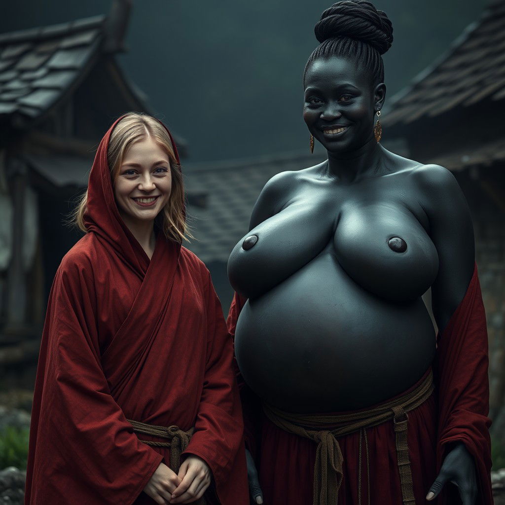 In a haunted, impoverished medieval village, a very happy 19-year-old malnourished blonde woman with medium-length hair is wearing a long, fully closed noble Buddhist cloak