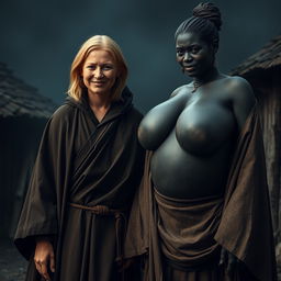 In a haunted, impoverished medieval village, a very happy 19-year-old malnourished blonde woman with medium-length hair is wearing a long, fully closed noble Buddhist cloak