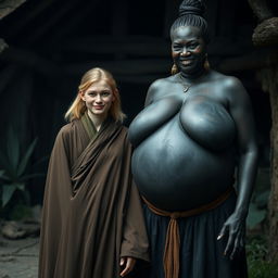 In a haunted, impoverished medieval village, a very happy 19-year-old malnourished blonde woman with medium-length hair is wearing a long, fully closed noble Buddhist cloak