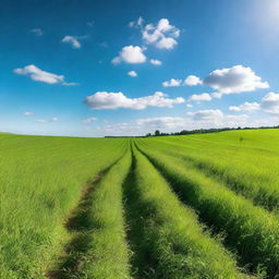 A lush, vibrant green field, extending to the horizon under a clear blue sky.