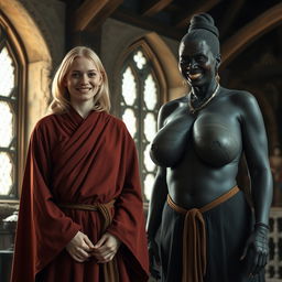 Inside a medieval room, a very happy 19-year-old malnourished blonde woman with medium-length hair is wearing a long, closed noble Buddhist cloak