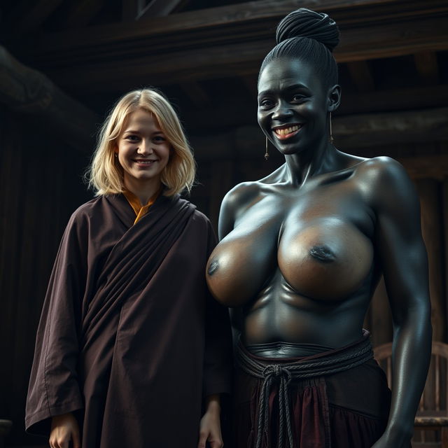 Inside a medieval room, a very happy 19-year-old malnourished blonde woman with medium-length hair is wearing a long, closed noble Buddhist cloak
