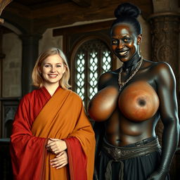 Inside a medieval room, a very happy 19-year-old malnourished blonde woman with medium-length hair is wearing a long, closed noble Buddhist cloak