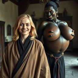 Inside a medieval room, a very happy 19-year-old malnourished blonde woman with medium-length hair is wearing a long, closed noble Buddhist cloak