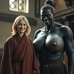 Inside a medieval room, a very happy 19-year-old malnourished blonde woman with medium-length hair is wearing a long, closed noble Buddhist cloak