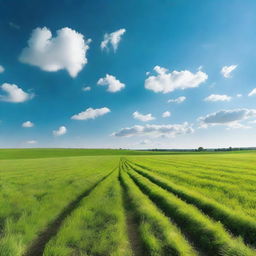 A lush, vibrant green field, extending to the horizon under a clear blue sky.