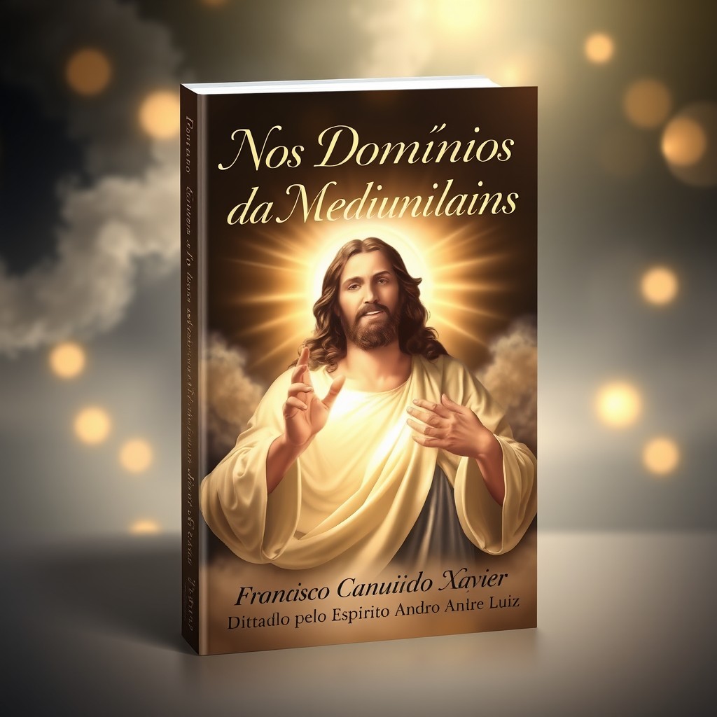 A captivating book cover design for the title 'Nos Domínios da Mediunidade' by Francisco Cândido Xavier, dictated by the Spirit André Luiz