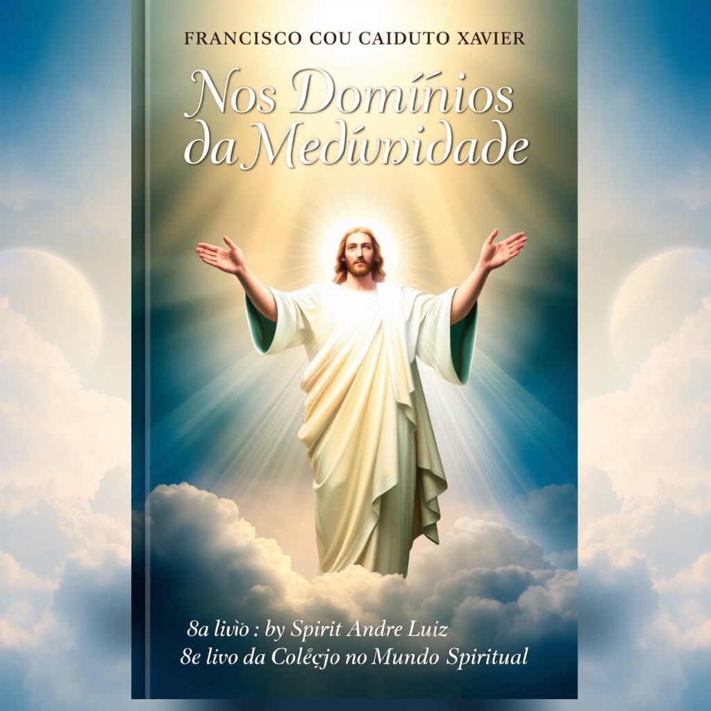 A book cover titled 'Nos Domínios da Mediunidade', authored by Francisco Cândido Xavier, dictated by the Spirit André Luiz
