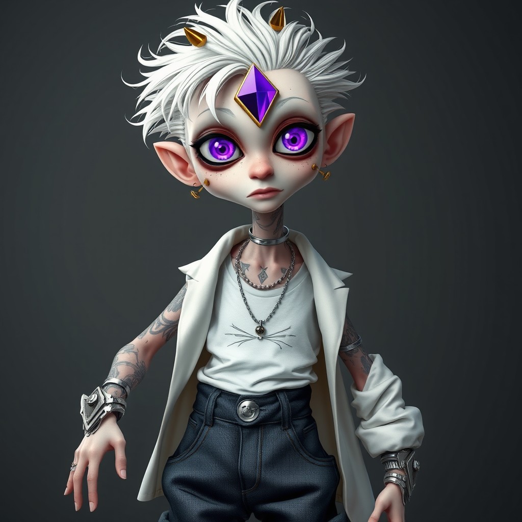 A slender character named Spike with pale skin and a slightly gaunt appearance due to noticeable dark circles under his bright violet eyes that feature implants