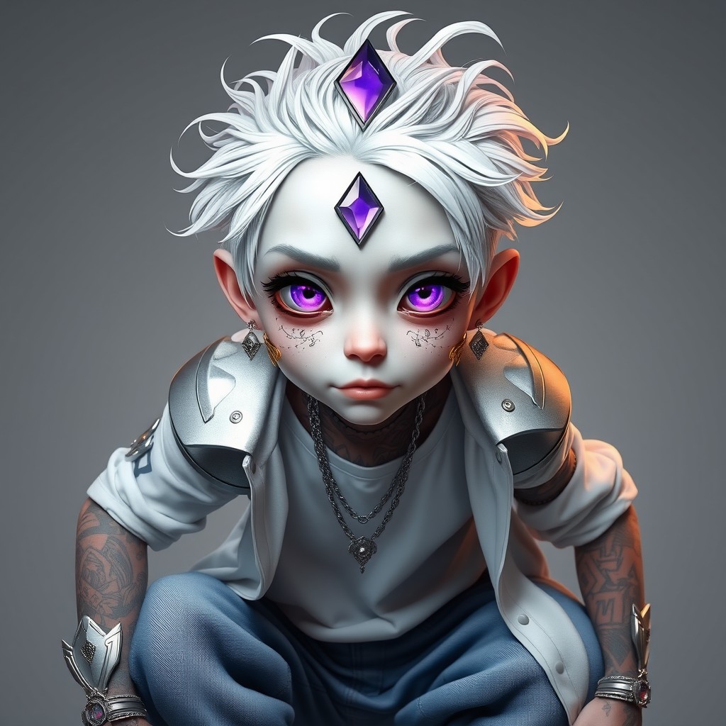 A character with pale skin and a slightly gaunt face