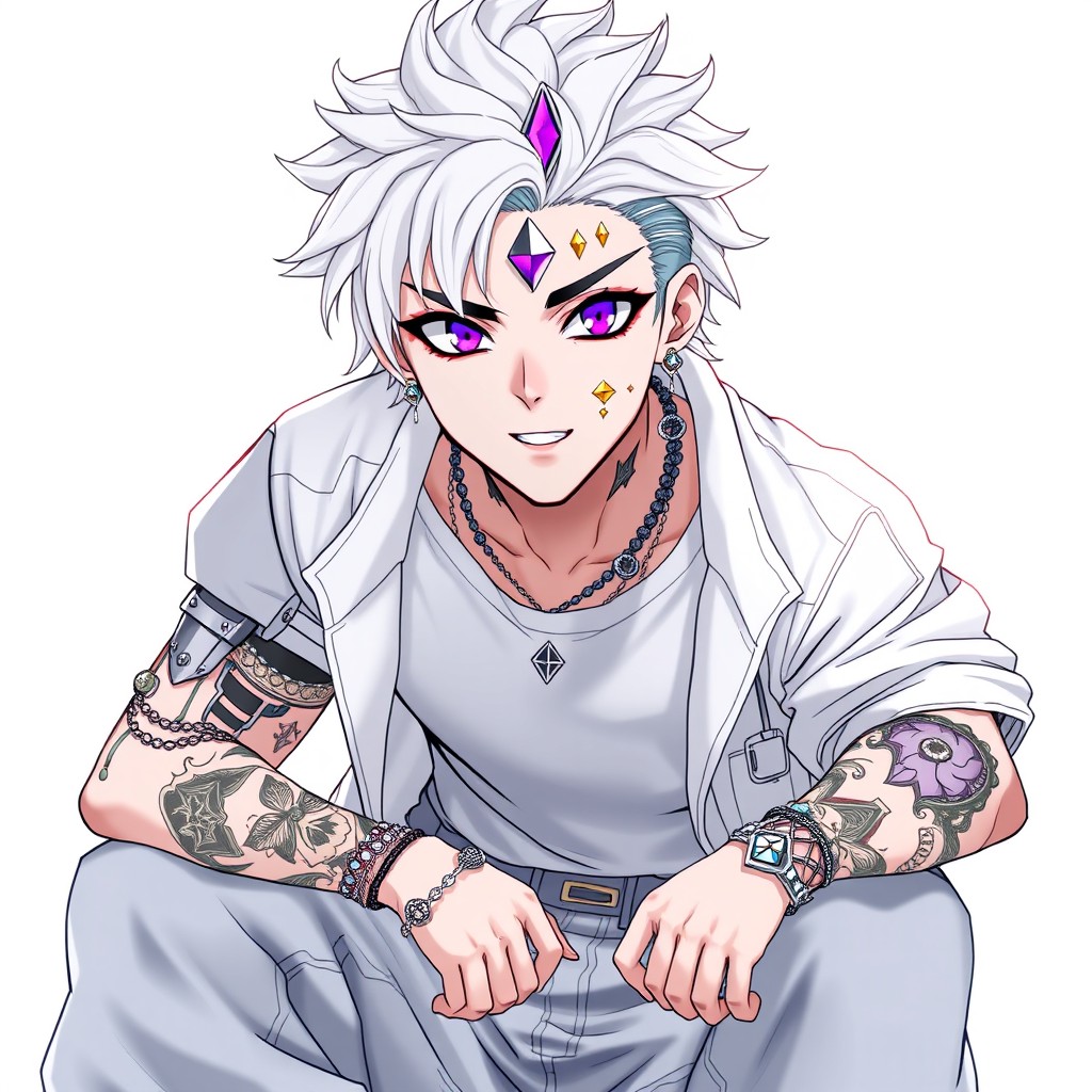 A 24-year-old male character illustrated in anime style with white skin and a striking, expressive face