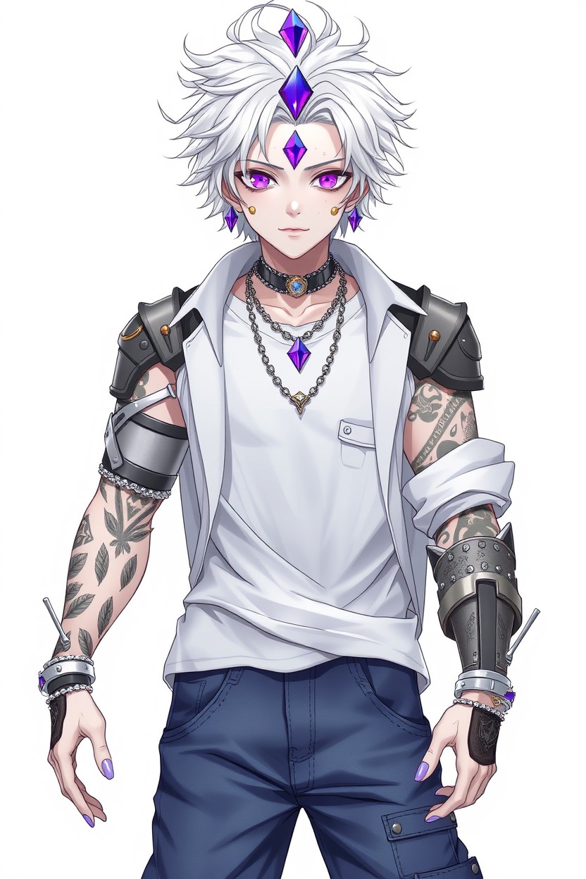 A 24-year-old anime man with white skin and bright violet eyes featuring implants