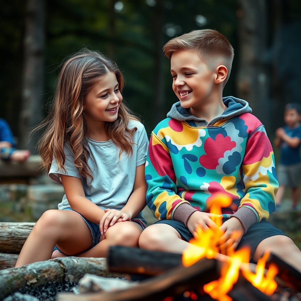 A boy and a girl at a summer camp, sitting together by a campfire, both looking a bit shy as they make an effort to connect with each other