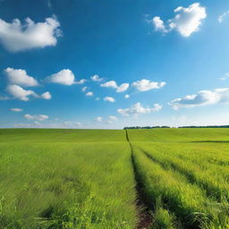 A lush, vibrant green field, extending to the horizon under a clear blue sky.