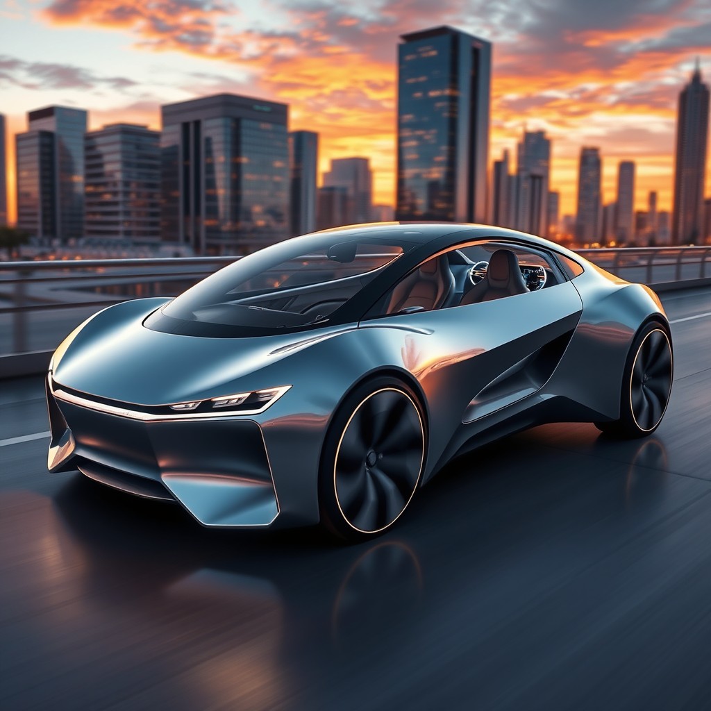 A futuristic concept car design named Presseto Asra featuring smooth aerodynamic lines, a sleek body with a metallic finish, advanced LED lighting, and an innovative electric engine