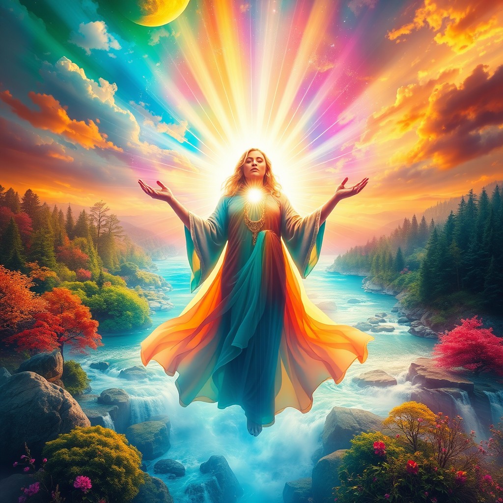 A vibrant and mystical representation of the essence of spirit and real life, showcasing an ethereal figure surrounded by a kaleidoscope of colors symbolizing various emotions and experiences