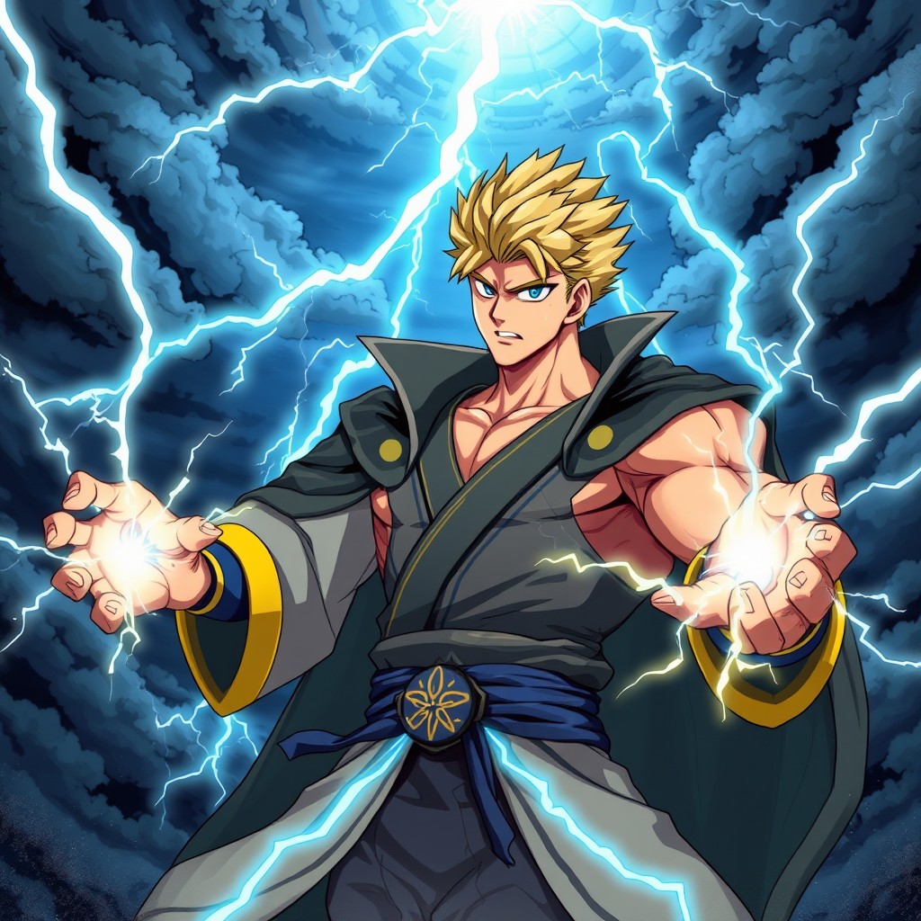 A powerful anime character inspired by the Lightning Hashira, featuring a muscular young man with spiky blonde hair and electric blue and yellow accents in his clothing