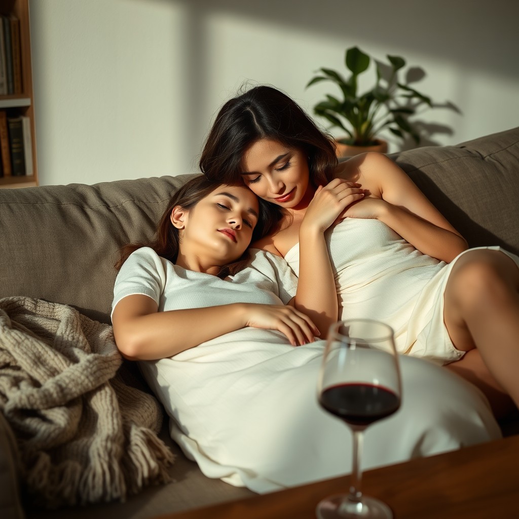 A serene scene of two women in an intimate moment of connection