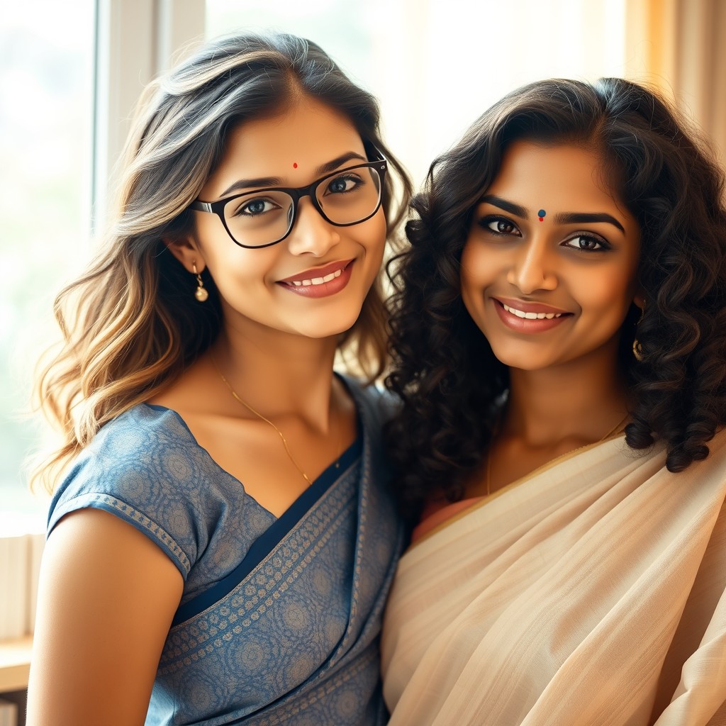A soft, romantic digital portrait of two young Indian women standing close together, both smiling gently