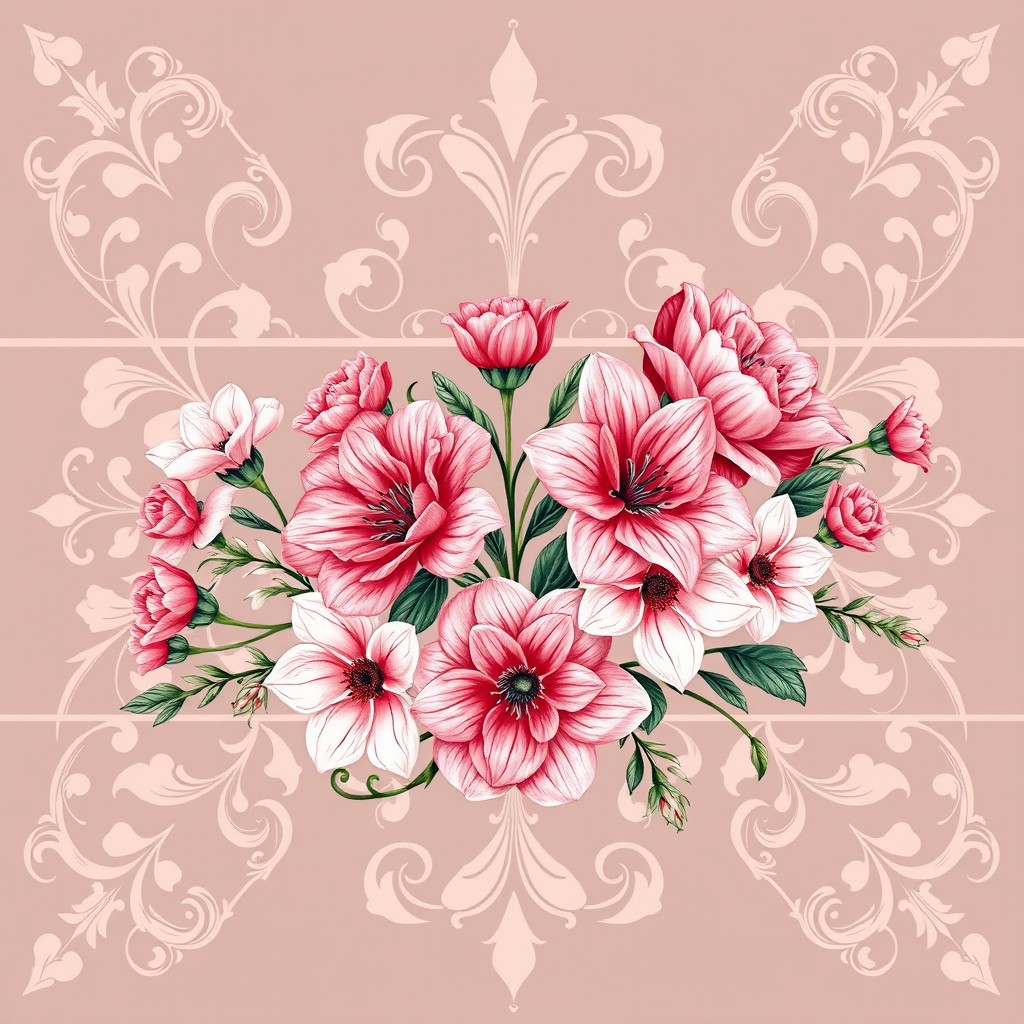 A floral ornament elegantly designed within a horizontal rectangular format, featuring a top-down view of flowers in the foreground, ensuring that no stems are visible