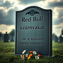 A humorous and darkly comedic meme featuring a gravestone in a serene cemetery setting