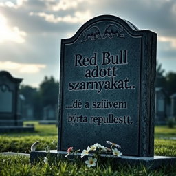 A humorous and darkly comedic meme featuring a gravestone in a serene cemetery setting