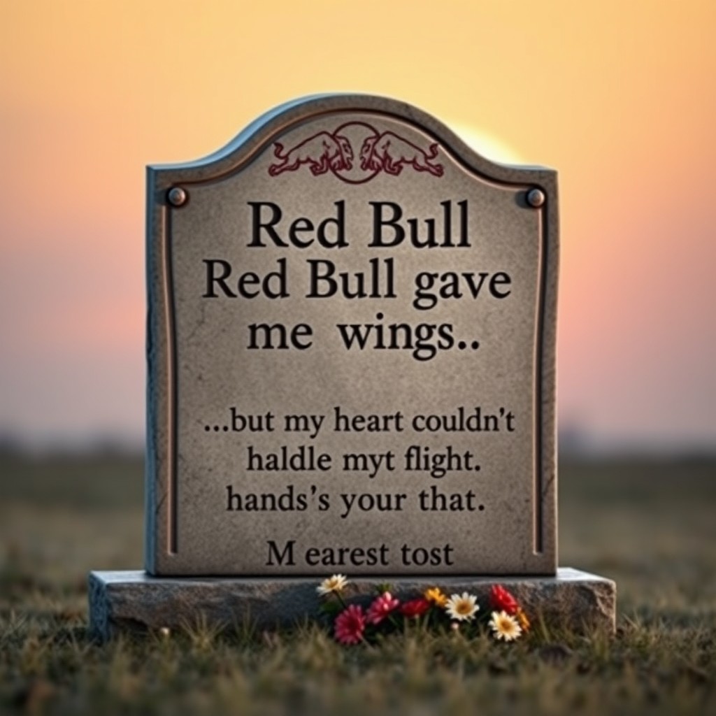 A tombstone designed in the style of a meme, featuring the main text: 'Red Bull gave me wings