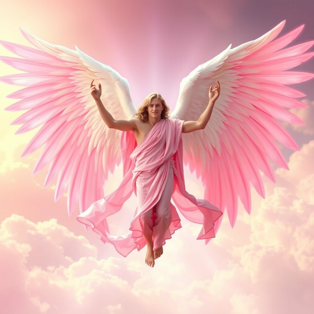 A majestic arcangel wearing flowing pink garments, gracefully opening his large, white wings