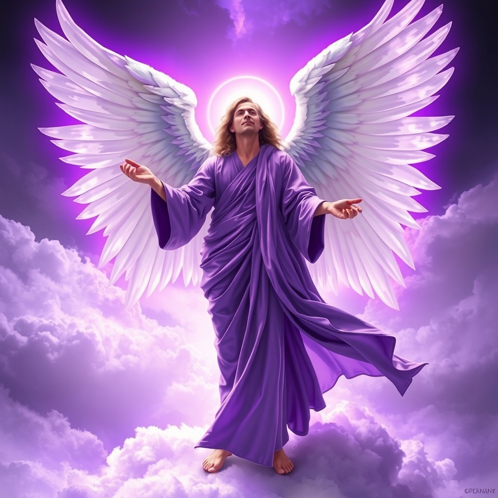 An Arcangel with majestic white wings fully spread, wearing elegant purple robes that flow gracefully around him