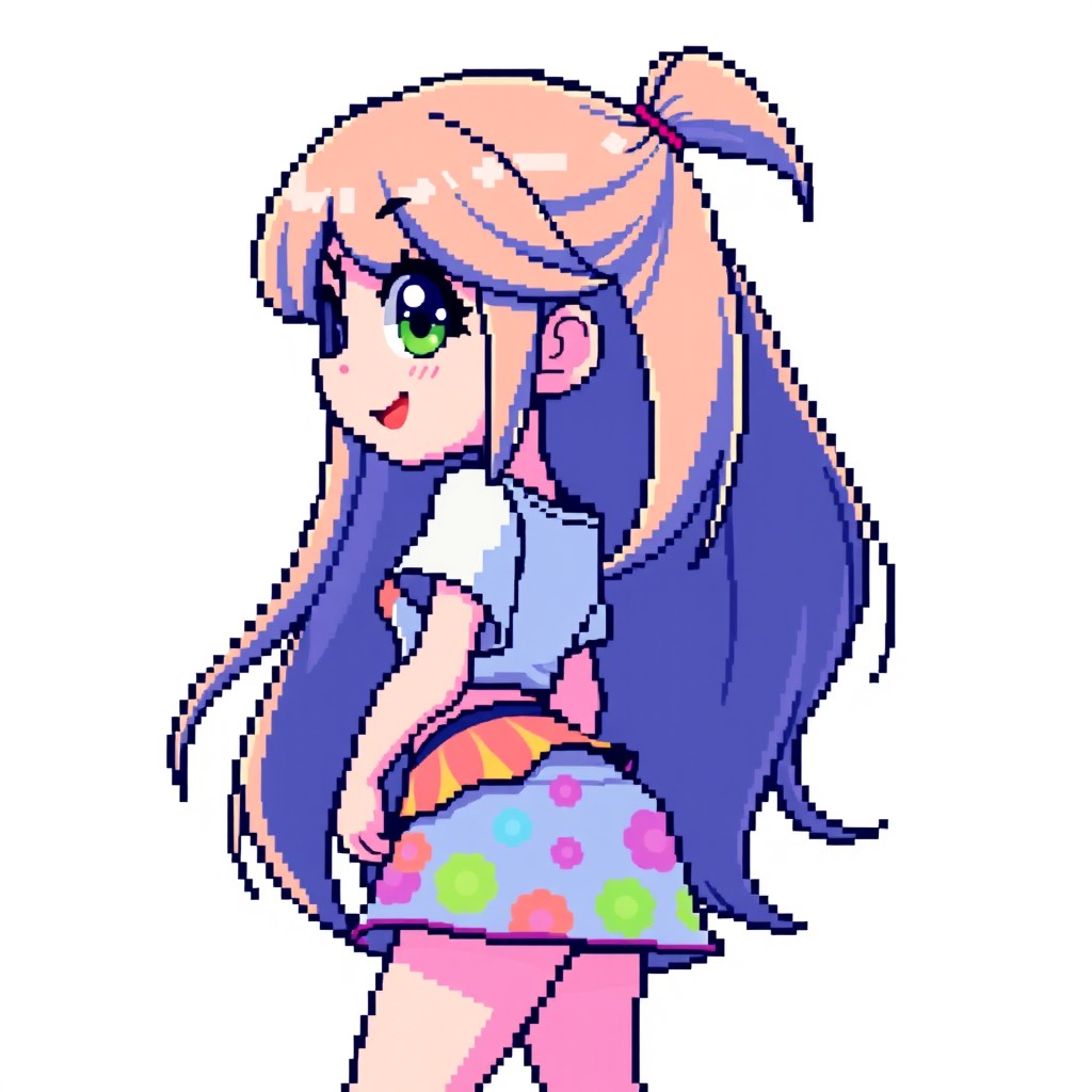 A pixel art representation of a girl facing sideways