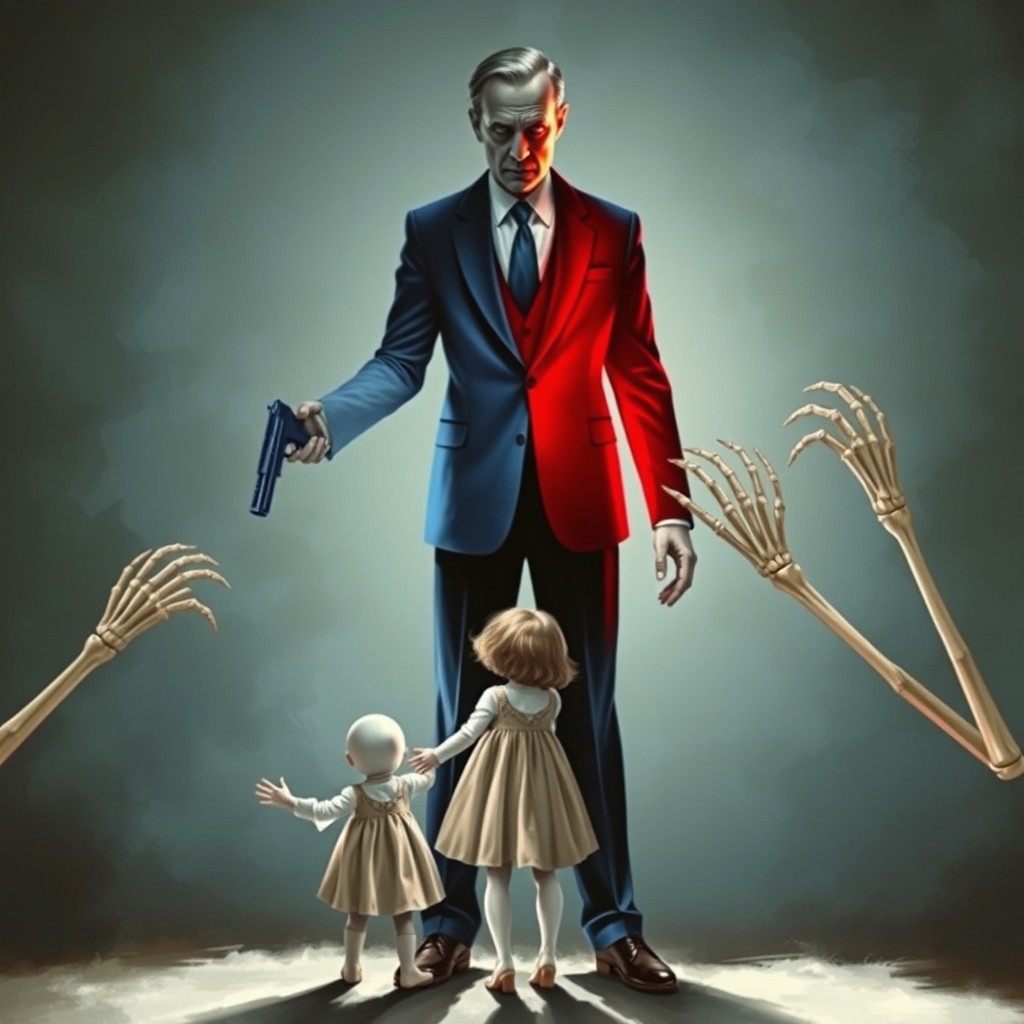 A captivating book cover illustration depicting a white man in a blue suit