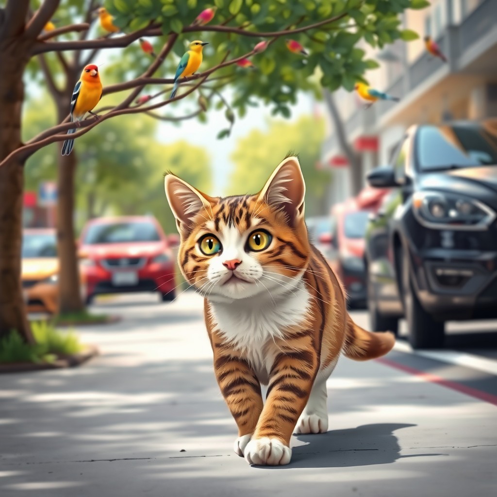 A charming street scene depicting a curious cat walking down the sidewalk