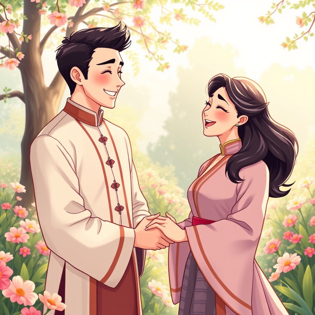 A romantic and humorous illustration of a beautiful young couple in a charming setting