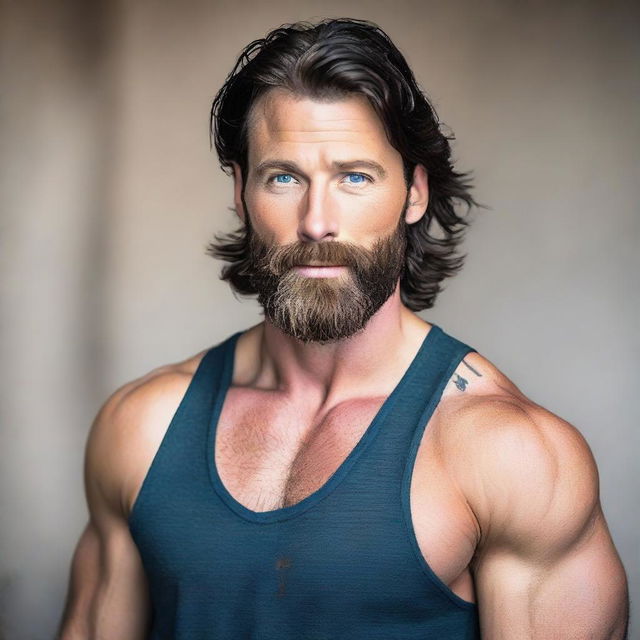 A strikingly attractive, tall and muscular man with dark blue eyes, pale skin, and wavy black hair. He sports a short, stylish beard that accentuates his hot look.